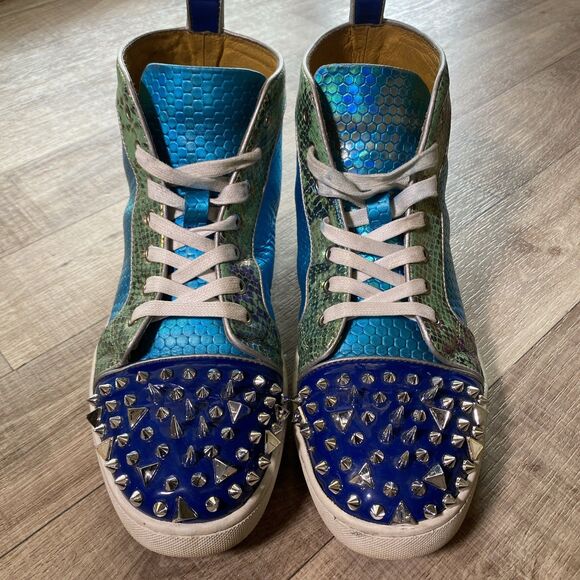 Blue Leather High-Top Snakeskin Shoes w/Spikes Lace-Up Ankle Boots Men's Size 10 - Picture 2 of 10